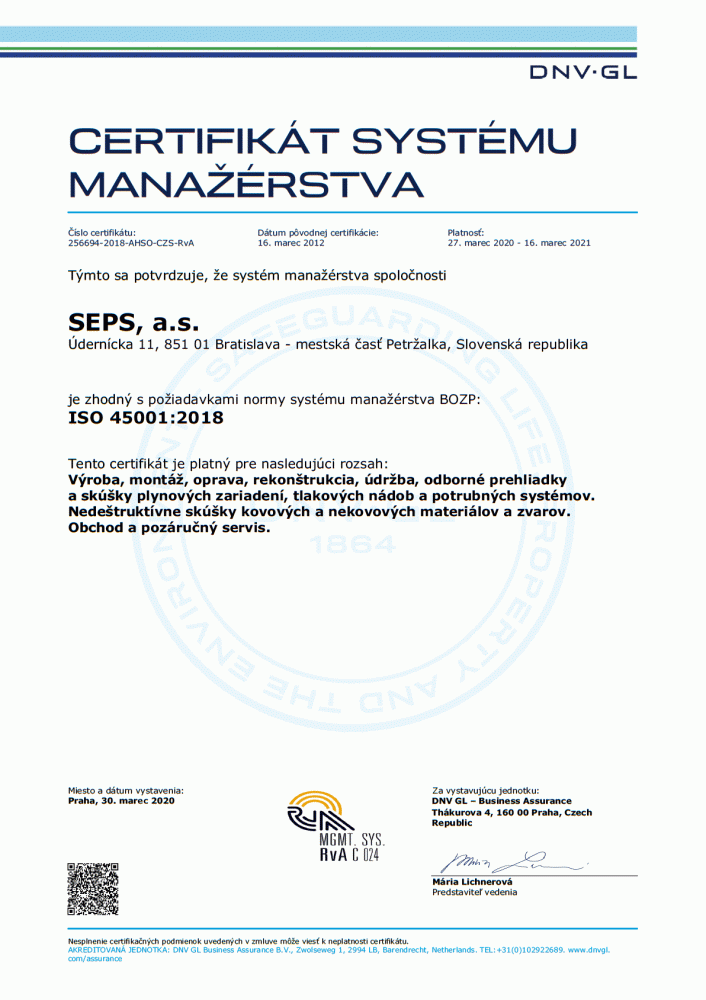 Certifikát BOZP ISO 45001